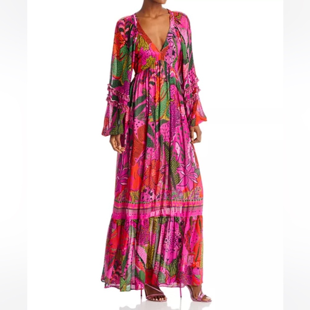 NWT Anthropologie Farm Rio Cool Leopards Long Sleeve V Neck Maxi Dress Size S